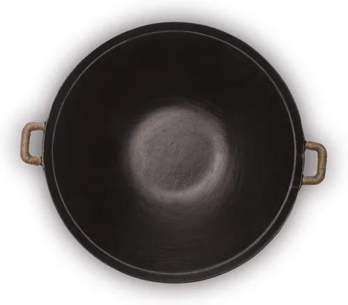 Vista 3 de ZhenSanHuan Wok de hierro fundido hecho a mano, sin revestimiento, sin pintura, saludable, fondo plano, apto para inducción (12.6 pulgadas)