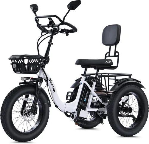 Vista 13 de NARRAK Triciclo eléctrico para adultos, triciclo eléctrico plegable con neumáticos gruesos, bicicletas eléctricas de 3 ruedas, pico de 1350 W