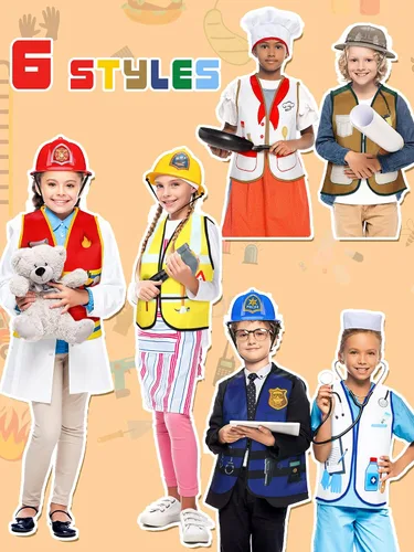 Vista 2 de Hungdao 6 juegos de disfraces para niños, disfraz para niños pequeños de 6 a 10 años para disfrazarse de policía, bombero, médico, trabajador