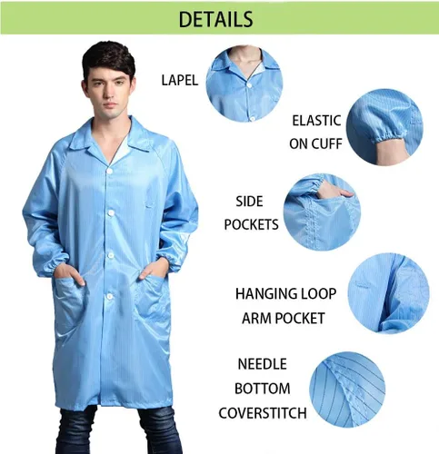 Vista 3 de ESD - Vestido de manga larga unisex antiestático para laboratorio no elástico ajuste cómodo uniforme de solapa pequeño blanco