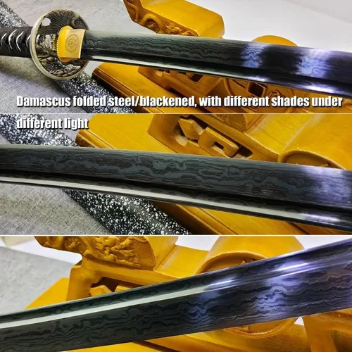 Vista 4 de Colección artesanal, Katana de acero plegable de Damasco con hoja negra, espada samurai japonesa hecha a mano, espiga completa