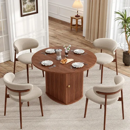 Vista 5 de Mesa de comedor redonda para 4-6 personas, mesa de cocina de granja de 47.24 pulgadas con base acanalada con patrón de ondas, juego de mesa