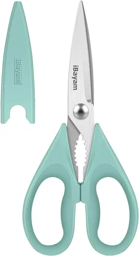 Vista 20 de iBayam Tijeras de cocina multiusos con funda protectora, tijeras de acero inoxidable duraderas, aptas para lavavajillas, mango cómodo de agarre suave