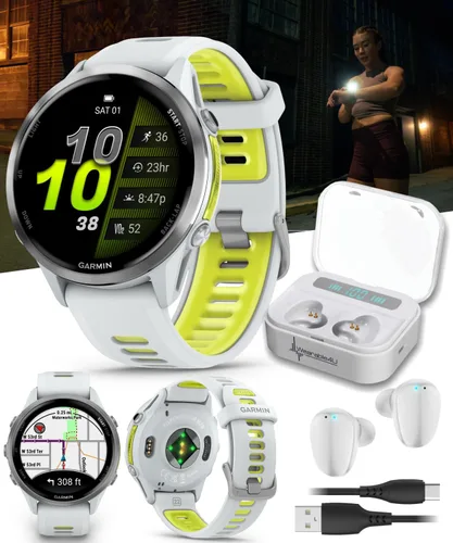 Vista 3 de Garmin Forerunner 955, reloj inteligente para correr con GPS, adaptado a triatletas, batería de larga duración, Whitestone con auriculares blancos