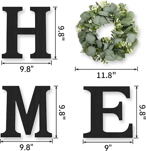 Vista 5 de Cartel colgante de madera con letras en inglés «HOME» (Hogar) con corona de eucalipto artificial para la letra «O», decoración de pared estilo Negro
