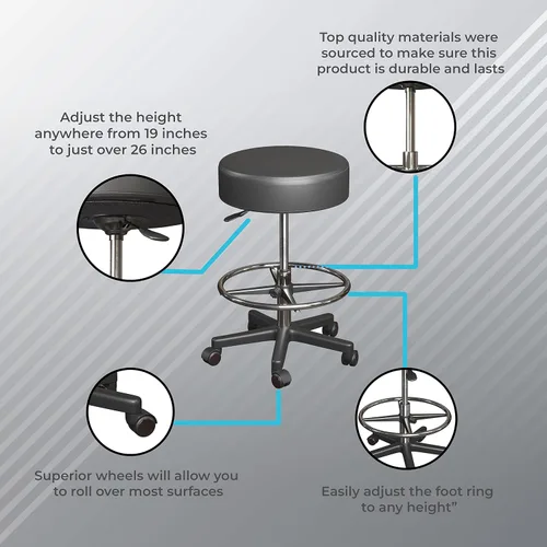 Vista 6 de Luxton - Taburete ergonómico con ruedas, doble acolchado y espuma viscoelástica, ajustable para spa, silla de escritorio con silla giratoria