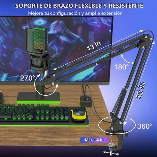 Vista 5 de ZealSound Micrófono USB para Juegos, Micrófono Condensador con Cancelación de Ruido, Micrófono RGB con Silencio, Ganancia, Monitoreo, Brazo