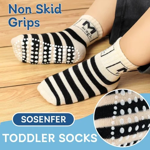 Vista 2 de Sosenfer Calcetines antideslizantes para niños pequeños con pinzas, 5-10 pares de calcetines antideslizantes para bebés de 1 a 7 años, hechos