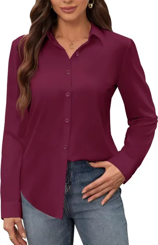 Vista 24 de Siliteelon - Camisas de vestir para mujer, a prueba de manchas, sin arrugas, de manga larga, sólidas, para trabajo y negocios, con botones