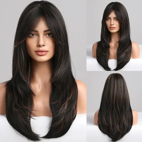 Vista 23 de HAIRCUBE Pelucas Auburn para Mujeres, Pelucas Largas en Capas Naranjas con Flequillo, Pelucas de Fibra Sintética Resistentes al Calor