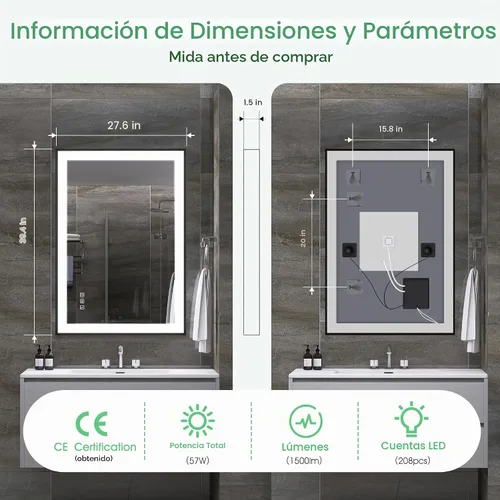 Vista 7 de SBAGNO - Espejo de baño LED de 40 x 28 pulgadas con marco negro, altavoz