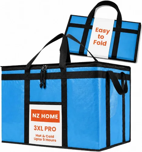 Vista 48 de Bolsa térmica XXL aislada y calentador de alimentos para entrega y compras de comestibles con parte superior con cremallera, color negro