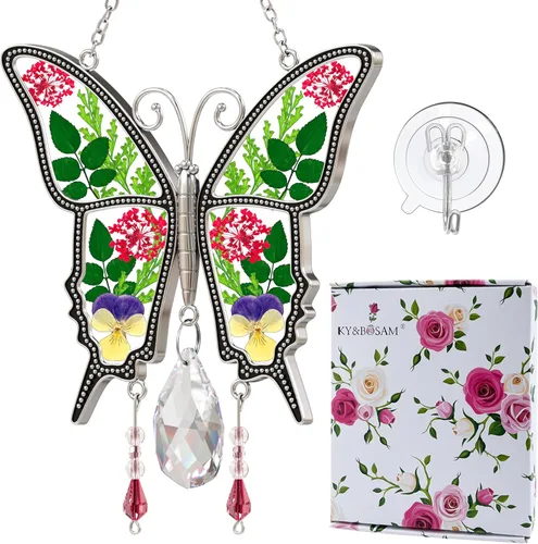 Vista 19 de KY&BOSAM Atrapasoles de cristal pintado a mano con cabeza de caballo, campanilla de viento con flor prensada incrustada en ventana de cristal, Día