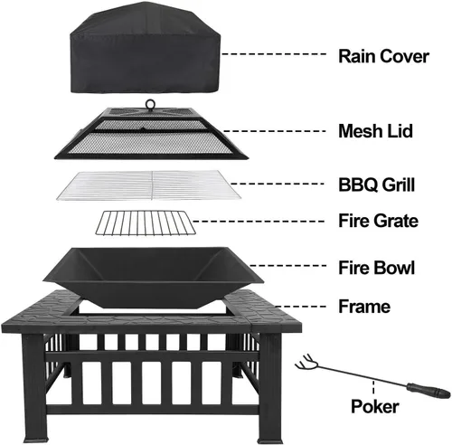 Vista 7 de Mesa para hoguera al aire libre de 32 pulgadas con parrilla, cuenco de chimenea de leña, estufa cuadrada multifuncional, con pantalla de chispas