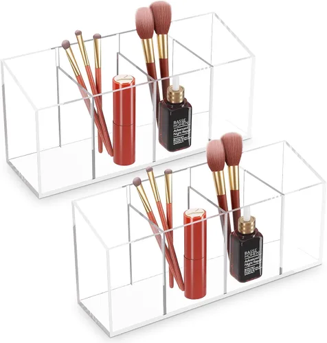 Vista 8 de Acina Organizador de brochas de maquillaje transparente, 2 unidades, acrílico, 3 ranuras, organizador de almacenamiento de cepillos cosméticos