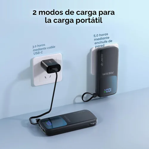 Vista 4 de Cargador portátil de 10000 mAh con dos cables y enchufe de pared Two Built-in Cables and AC Wall Plug Led Display.USB-C Fast Charging Compatible