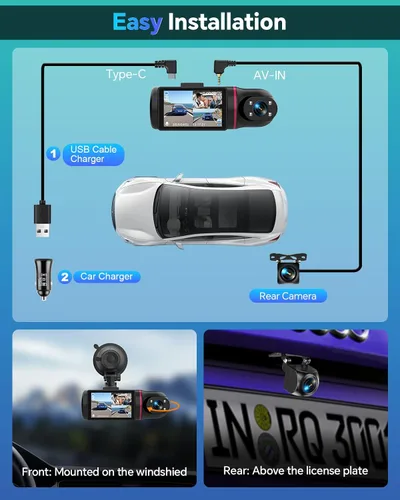 Vista 7 de Dash Cam frontal y trasera interior de 3 canales, cámara de tablero 1080P con tarjeta de 64 GB