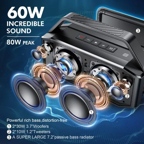 Vista 2 de W-KING Altavoces Bluetooth portátiles con subwoofer, 60 W (pico de 80 W) impermeable Bluetooth inalámbrico, graves