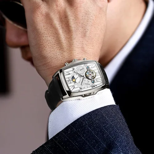 Vista 2 de OLEVS Relojes automáticos para hombre, diseño de esqueleto, retro, rectangular, para negocios, de cuero, fase lunar, luminoso, impermeable