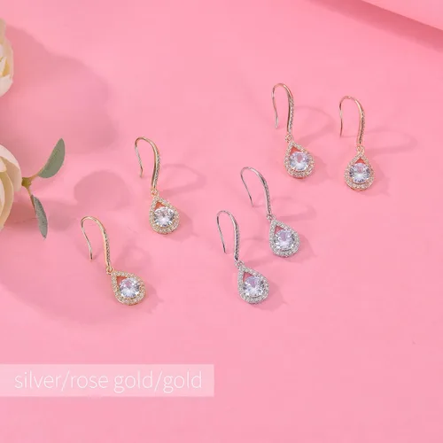 Vista 3 de DHQH 46 pares de aretes de propuesta de damas de honor, aretes clásicos de circonita cúbica, aretes colgantes de lágrima para mujeres y niñas, I