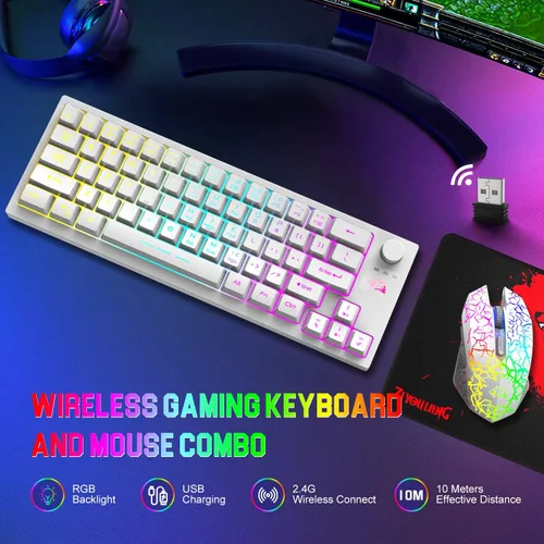 Vista 2 de FELICON Combo de teclado y mouse inalámbricos de 2.4G, teclado mecánico TKL retroiluminado RGB y mouse iluminado de 7 colores, alfombrilla de mouse