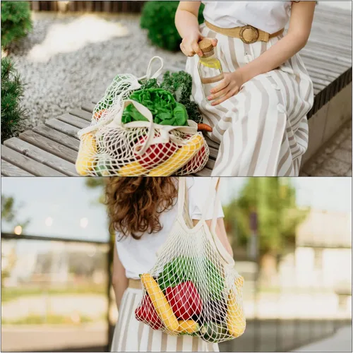 Vista 7 de MECCANIXITY Bolsa de malla de algodón con asa larga, reutilizable, lavable, malla de cadena, organizador de bolsas de comestibles para frutas