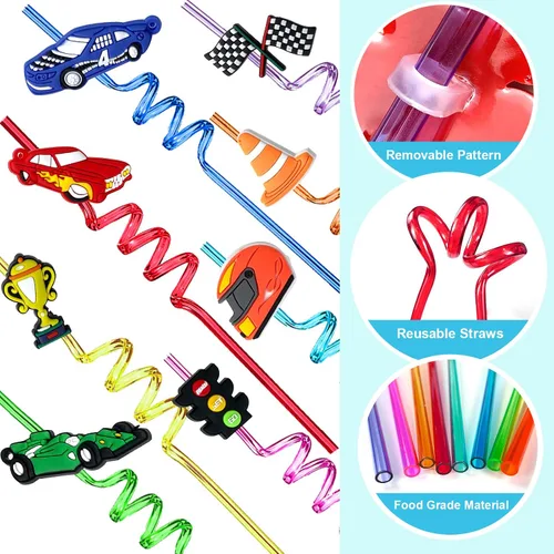 Vista 3 de 24 popotes reutilizables para decoración de fiesta de cumpleaños, suministros para fiestas de cumpleaños, marcadores de bebidas con 2 cepillos