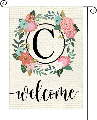 Vista 9 de Bandera de jardín con letra monograma, floral, 12 x 18 pulgadas, doble cara para exterior, pequeña de arpillera, familia, apellido, bandera inicial