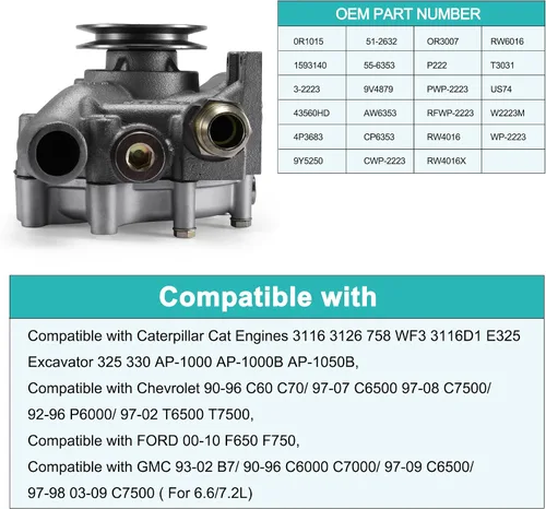 Vista 5 de AULINK Bomba de agua 4P3683 (cojinete de C & U) 9Y5250 para Caterpillar CAT 3116 3126 0R1015 0R3007 Chevy C60 C6500 T6500 T7500 Ford F650 F750 GMC