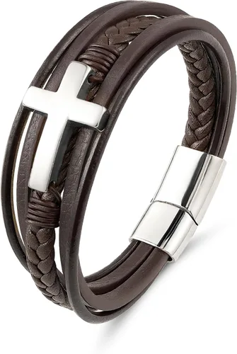 Vista 16 de Pulsera de cuero para hombre con cruz trenzada de varias capas con cierre de acero inoxidable, regalos religiosos cristianos para él