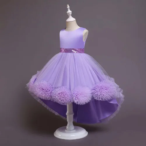 Vista 2 de Vestido de princesa para niñas para boda, fiesta de cumpleaños, vestido de tul alto bajo, vestido de baile de lentejuelas con tren