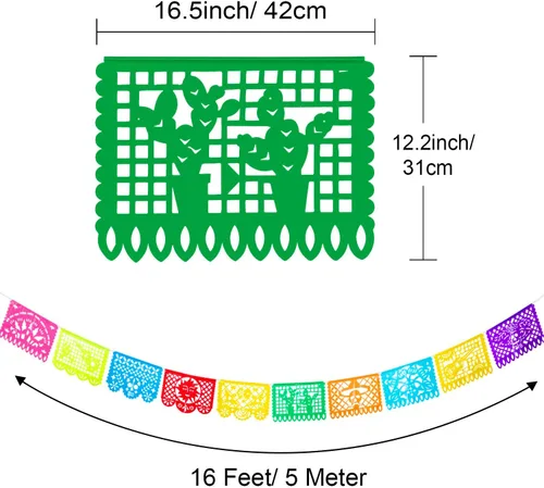 Vista 5 de Zhanmai Paquete de 5 pancartas de fiesta mexicana, juego de carteles de papel picado, 10 patrones, 80 pies, plástico, rectangular, multicolor