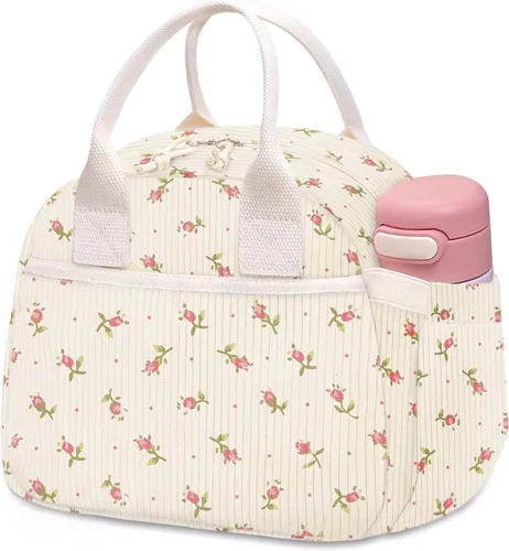 Vista 22 de Carry bloom Lonchera para mujer, lonchera aislada, bonita lonchera de pana reutilizable para el trabajo (1 rayas blancas y negras)