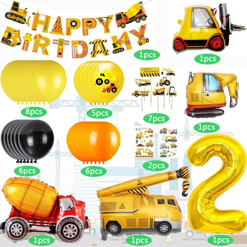 Vista 2 de Suministros de Cumpleaños de Construcción para Niños de 2 Años - Kit de Guirnalda de Globos para Decoraciones de Fiesta de Cuarentena