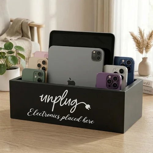 Vista 7 de Caja de desenchufe, caja de teléfono de estilo granja, cesta para teléfono celular para el hogar, cárcel de teléfono móvil de madera, estación