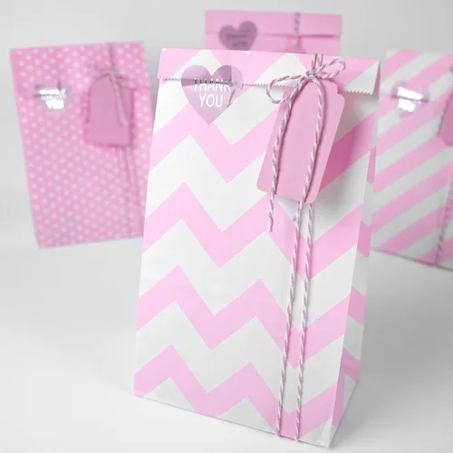 Vista 8 de SMINTINE Paquete de 30 bolsas de golosinas rosas con calcomanías de agradecimiento, etiquetas de papel, cuerda de algodón para panaderos, bolsas