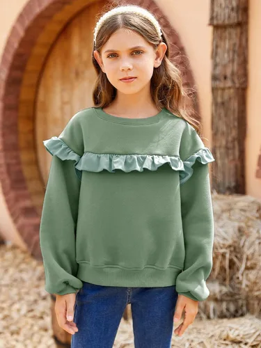 Vista 2 de Sudaderas casuales de cuello redondo para niñas, con volantes, manga larga, lindo color sólido