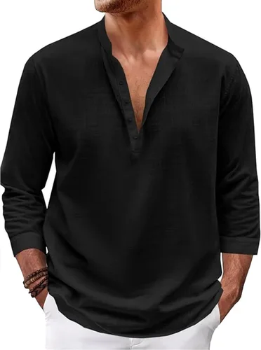 Vista 10 de Camisas de lino para hombre, de manga larga, con botones, de algodón, lino, talla grande, cuello de banda, color sólido, camisa de playa