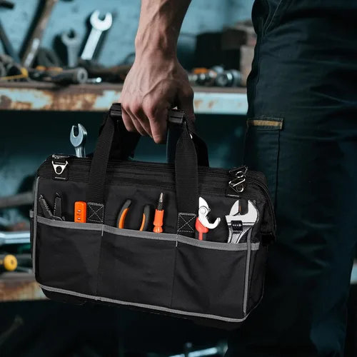 Vista 7 de Bolsa de herramientas resistente con 16 bolsillos, organizador de herramientas impermeable de 16 pulgadas con base reforzada, correa de hombro
