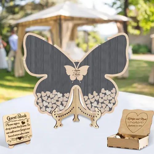 Vista 4 de Libro de invitados de boda de mariposa personalizado con corazones de madera, borde de madera personalizado, ideas alternativas, libro de invitados