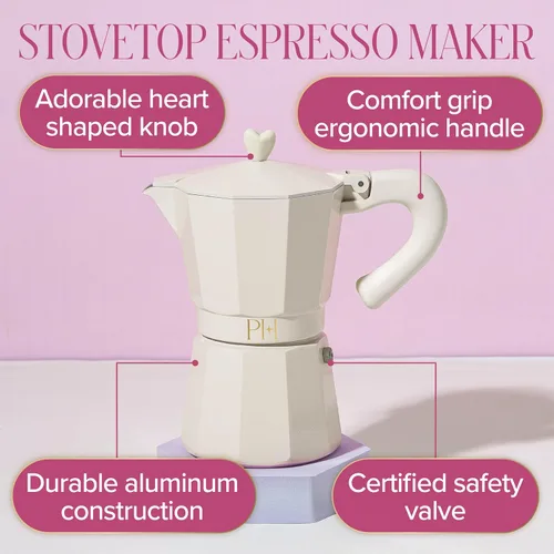 Vista 3 de Paris Hilton Cafetera de café y café para estufa, cafetera de estilo italiano y cubano con emblemática perilla de corazón, perfecta para expreso