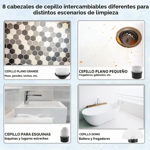 Vista 4 de Limpiador eléctrico giratorio, cepillo de limpieza inalámbrico con 8 cabezales reemplazables, mango ajustable, limpiador eléctrico de doble