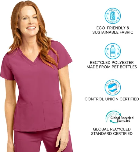 Vista 3 de Olive & Co. Camisas médicas para mujer, color rojo vino, moderno, ajustado, con cuello en V