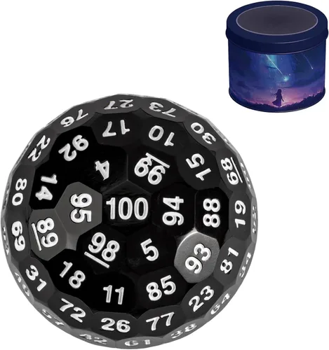 Vista 13 de Dados poliédricos mejorados de 100 caras (D100), 1.969 in, fuente negra/roja, dado único, dados de juego D&D, lata de almacenamiento de metal