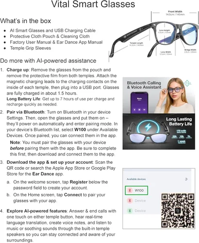 Vista 5 de Gafas Inteligentes Vital para Hombres con Traducción IA – Audio Bluetooth 5.3 de Oído Abierto, Traductor de 164 Idiomas en Aplicación de Teléfono
