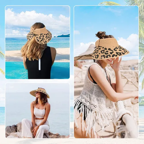 Vista 2 de Sombrero de paja con protección UV, visera de playa, sombrero de ala ancha, estampado de leopardo, enrollable, plegable para mujer