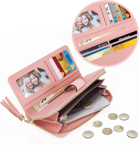 Vista 3 de Carteras RFID para mujer con múltiples ranuras para tarjetas y compartimento para teléfono celular, cartera para mujer, Rosa SakuraBlancoRosa