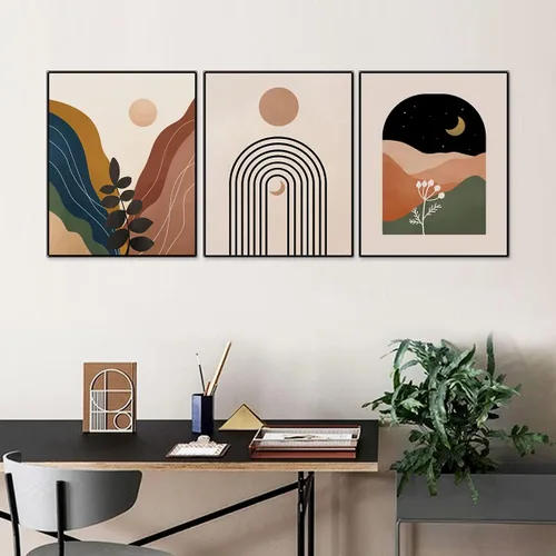 Vista 3 de ZEARPT Juego de 3 impresiones bohemias modernas de mediados de siglo, arte minimalista de terracota, arte de galería de arte, impresiones
