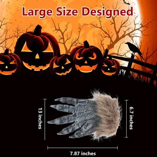 Vista 2 de Manos de hombre lobo de Halloween, garras de hombre lobo G-loves, látex lobo G-ama manos peludas aterradoras para fiesta de hombre lobo, accesorios