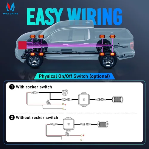 Vista 6 de MICTUNING Q1 RGBW Luces LED Rock, 4 Módulos de Color Puro Underglow Neón Iluminación Multicolor con Kit de Interruptor de Cableado, Controlador
